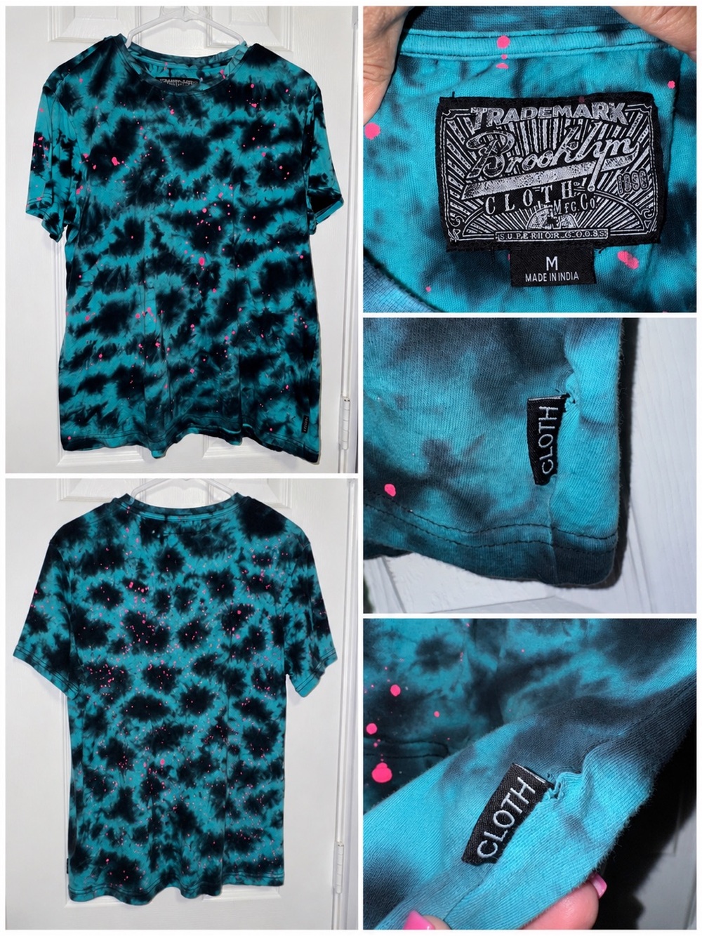 Brooklyn Cloth Teal Black Tie Dye Neon Pink Splatter Tee Men’s Medium Streetwear